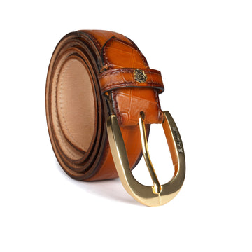New Oval Shape Buckle Belt in Tan Croco Emboosed Leather