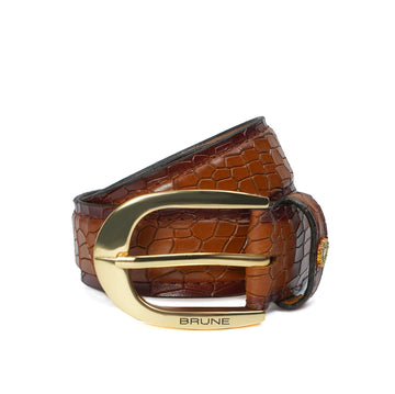 New Oval Shape Buckle Belt in Tan Croco Emboosed Leather