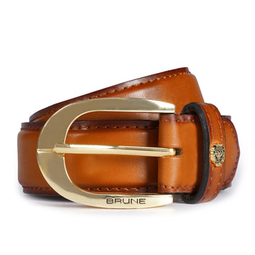 New Oval Shape Golden Buckle Belt in Tan Full Grain Leather