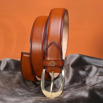 New Oval Shape Golden Buckle Belt in Tan Full Grain Leather