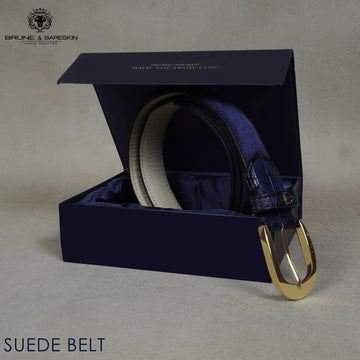 Men's Belt with Mini Lion Blue Suede Leather Oval Shape Buckle
