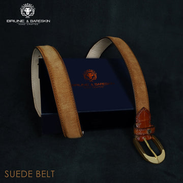 Men's Belt with Mini Lion Tan Suede Leather Oval Shape Buckle