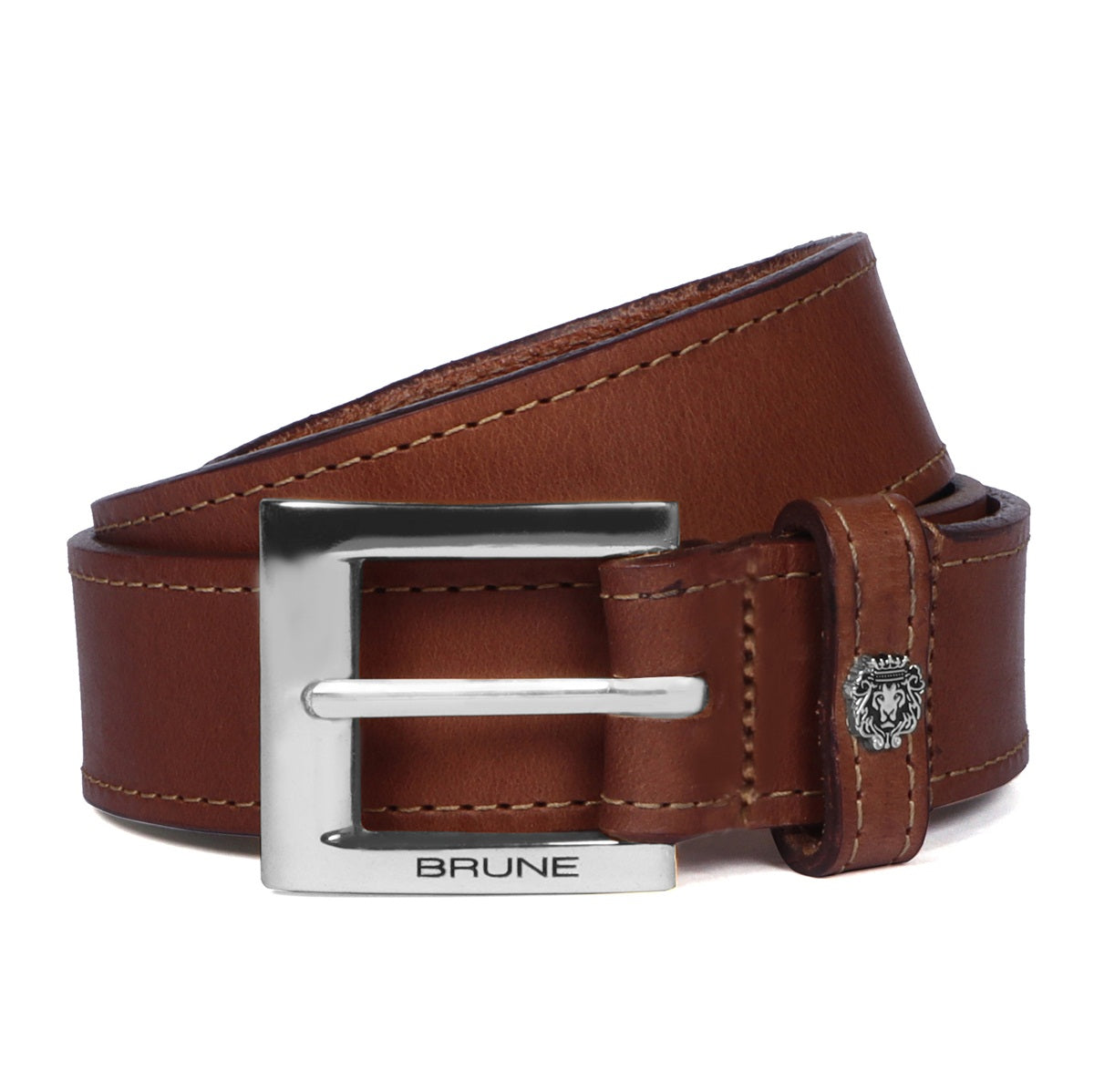 Thick Silver Square Buckle Belt Heavy Duty Tan Leather Double Stitch By Brune & Bareskin