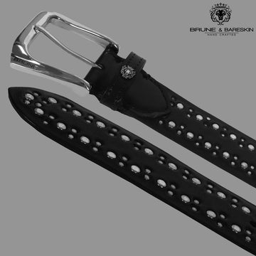 Men's Belt with Sliver Metal Circle Studded in Black Leather