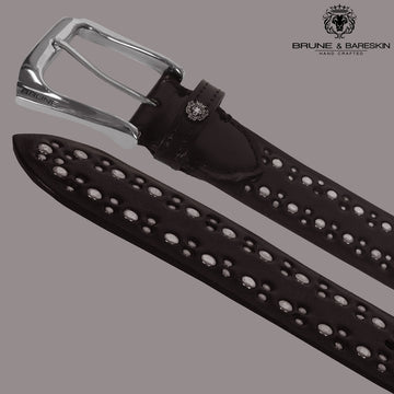 Dark Brown Leather Belt with Sliver Metal Circle Studded in