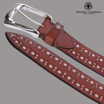 Men's Belt with Sliver Metal Circle Studded in Tan Leather