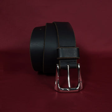 Men's Black Leather Belt with Slant Shape Silver Finish Buckle
