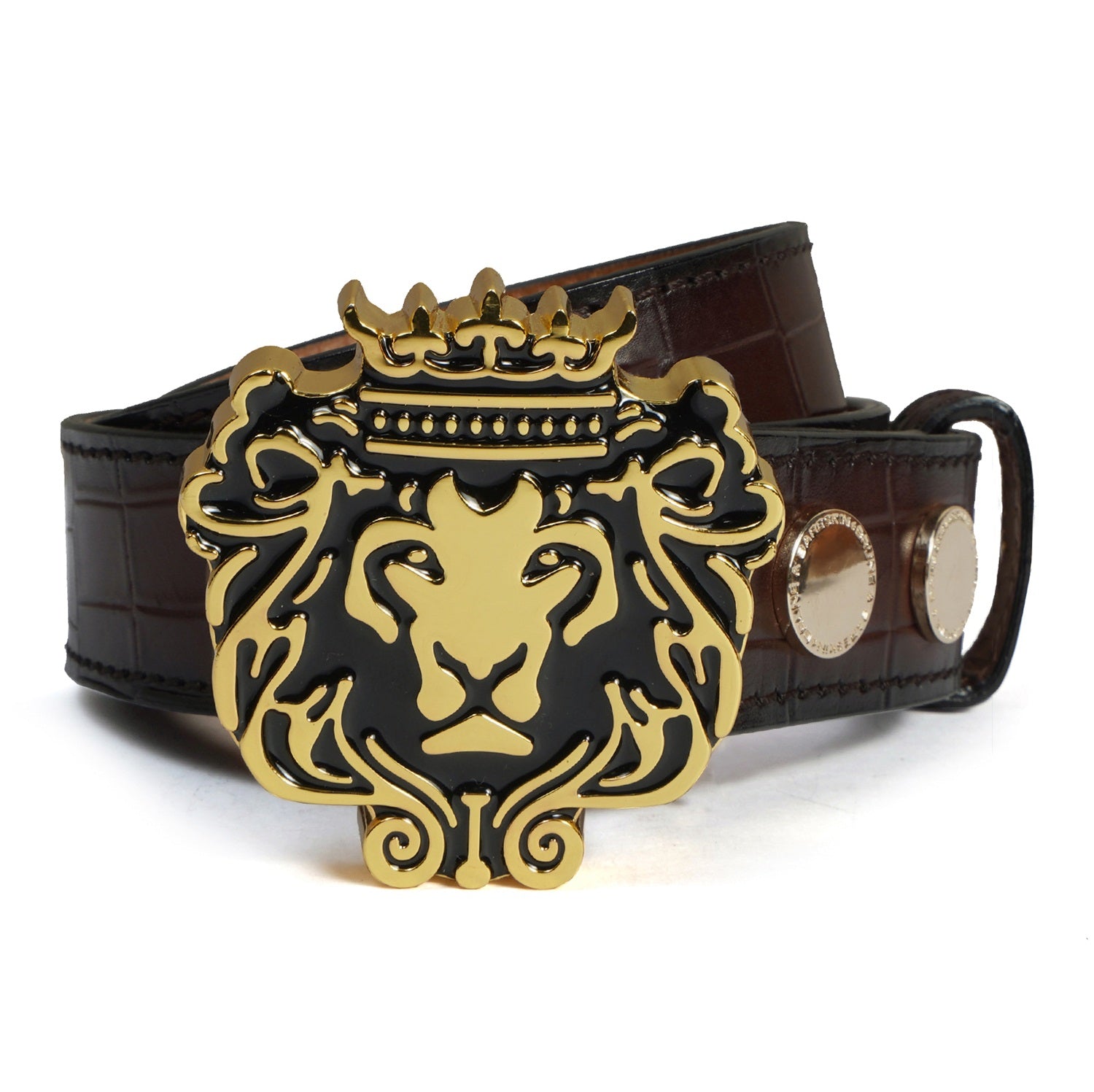 Men's Dark Brown Belt with Removable "Brune & Bareskin" Brand Lion Logo Buckle in Deep Cut Leather