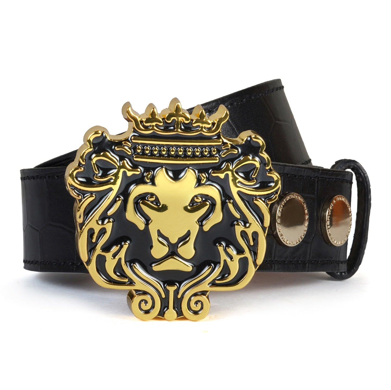 Trademark Lion Logo Golden Buckle Belt in Black Croco Textured Leather