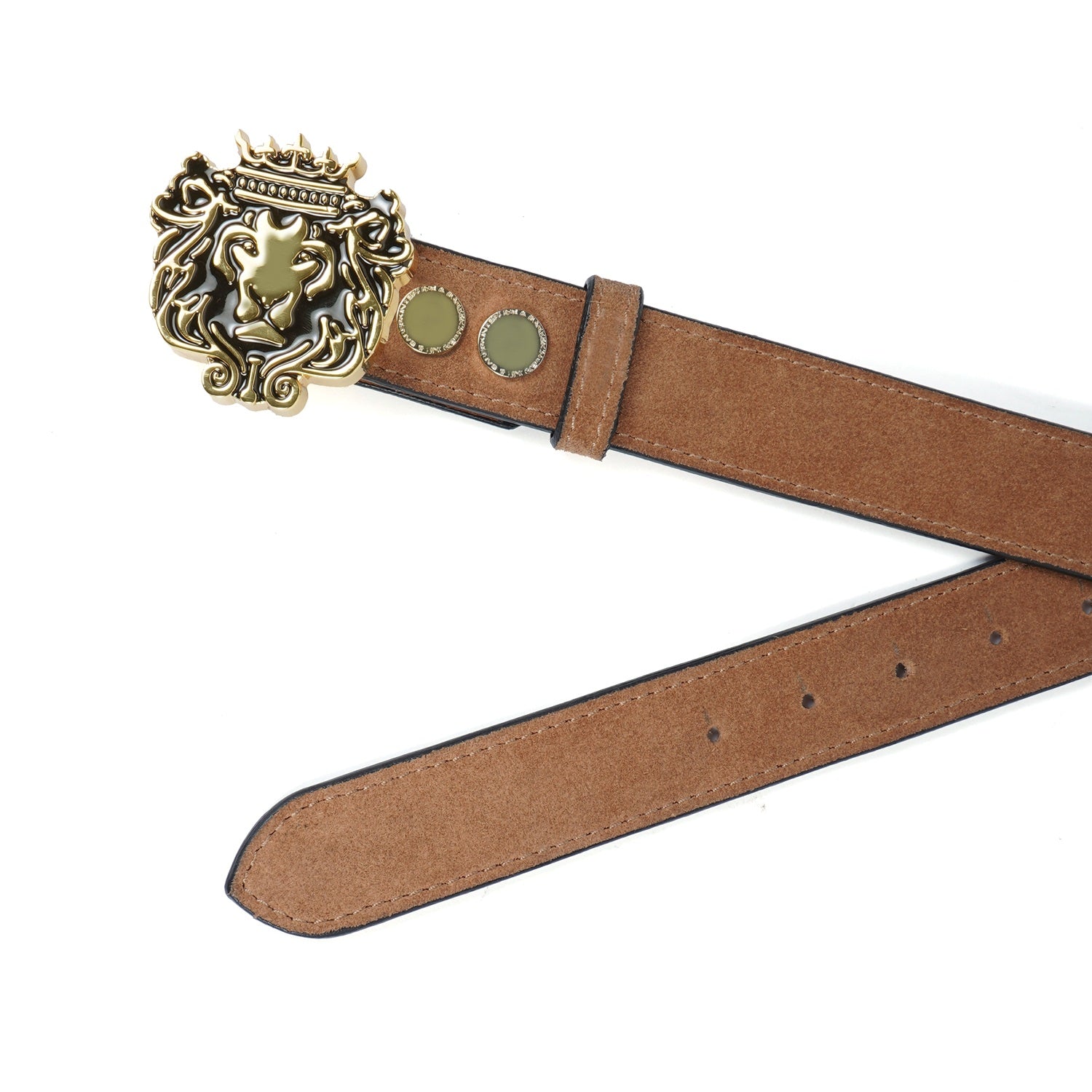 Detachable Metal Lion Buckle Belt in Tan Suede Leather