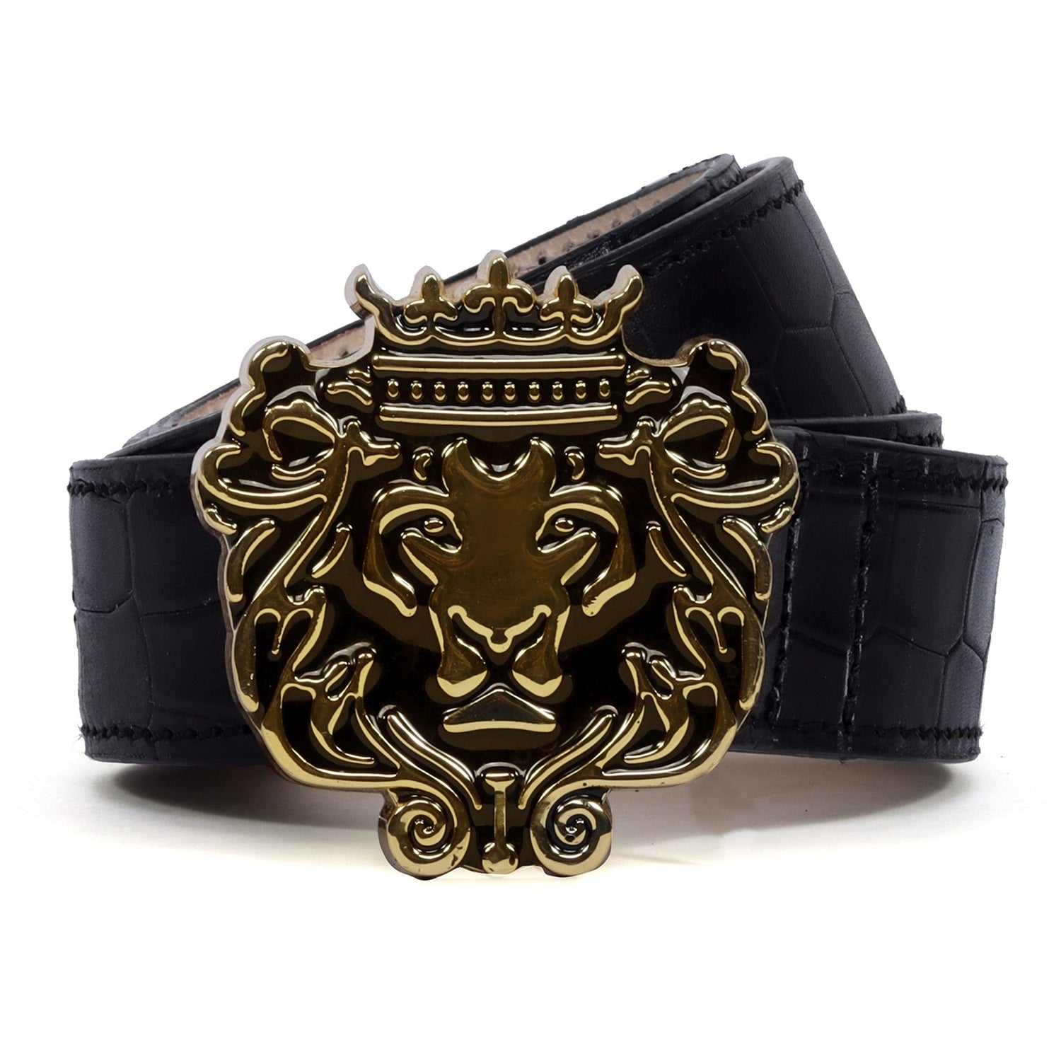 Fixed Strap "Brune & Bareskin" Brand Lion Logo Golden Buckle Deep Cut Leather Belt