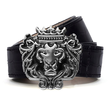 Fixed Strap "Brune & Bareskin" Brand Lion Logo Silver Buckle Deep Cut Leather Belt