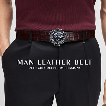 Fixed Strap "Brune & Bareskin" Brand Lion Logo Silver Buckle Deep Cut Leather Belt