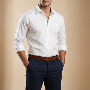 Tan Patina Finish Detachable Buckle Belt in Croco Embossed Leather