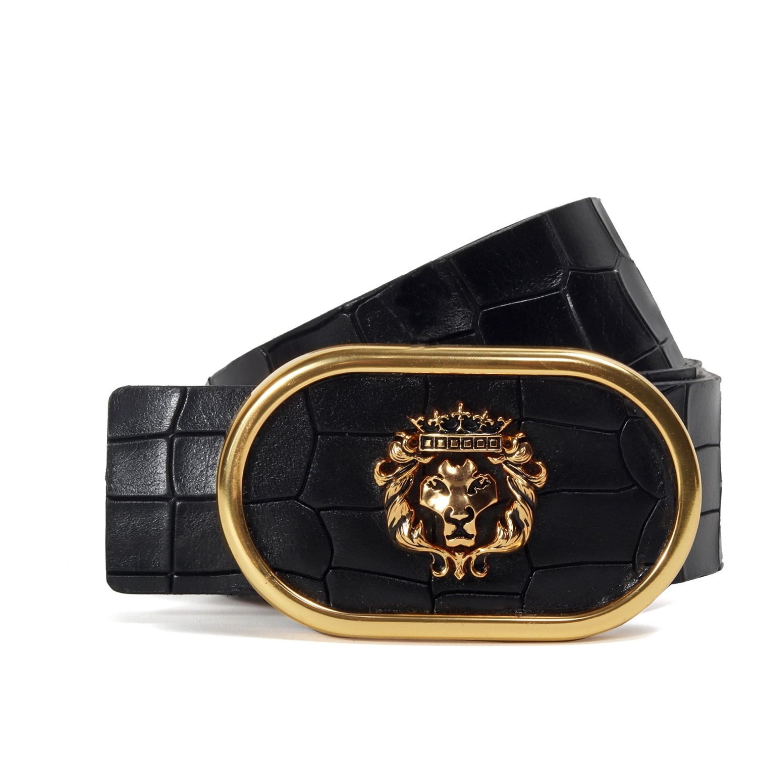 Luxury Black Croco Textured Leather Formal Golden Buckle Belt