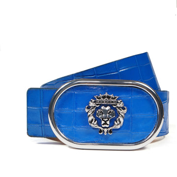 Luxury Blue Croco Textured Leather Formal Silver Buckle Belt
