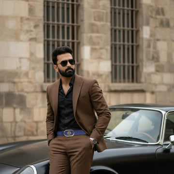 Blue Exotic Ostrich Leather Belt with Golden Lion Buckle