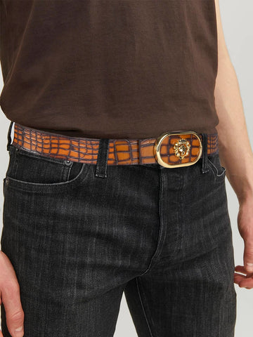 Luxury Patina Finish Tan Croco Textured Leather Formal Golden Buckle Belt