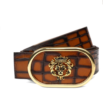 Luxury Patina Finish Tan Croco Textured Leather Formal Golden Buckle Belt