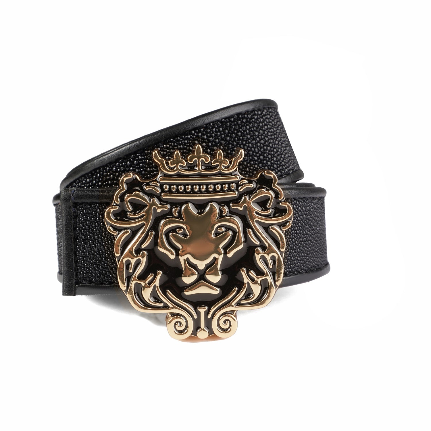Black Exotic Stingray Leather Belt with Golden Lion Logo Buckle