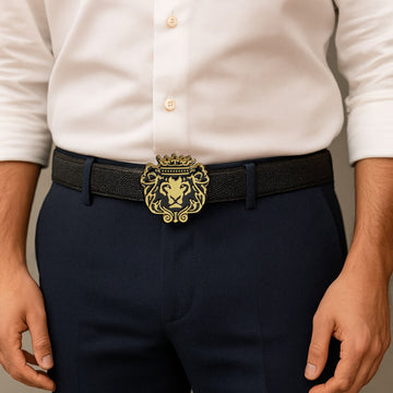 Black Exotic Stingray Leather Belt with Golden Lion Logo Buckle