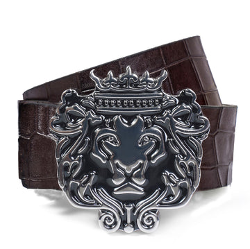 Fixed Strap "Brune & Bareskin" Brand Lion Logo Silver Buckle Deep Cut Leather Belt
