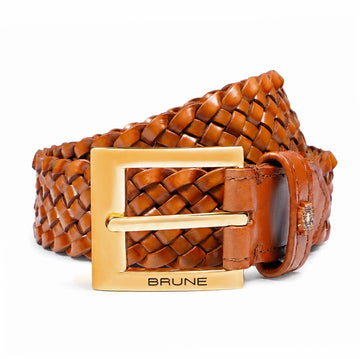Luxury Tan Braided Leather Belt with Signature Lion Detailing