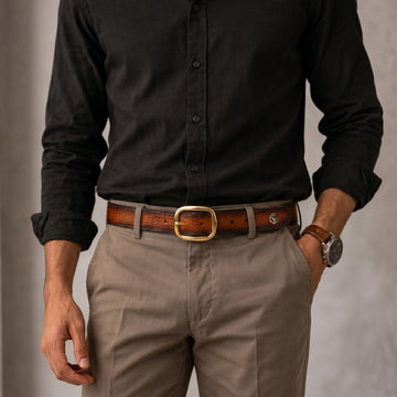 Tan Embossed Leather with Rounded Square Golden Buckle