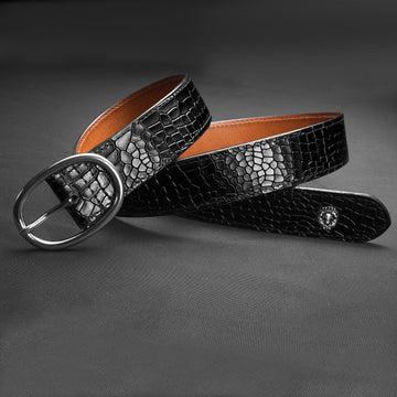 3D Lion Logo Black Embossed Full Grain Leather Belt with Silver Oval Buckle Belt
