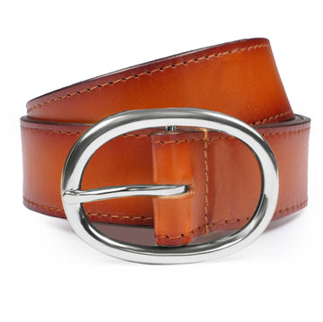 3D Lion Logo Tan Full Grain Leather Belt with Silver Oval Buckle Belt