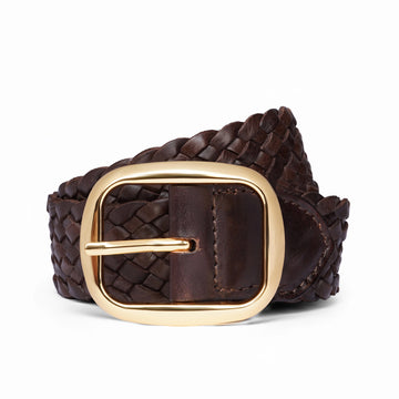 Luxury Dark Brown Braided Leather Belt with Signature Lion Detailing