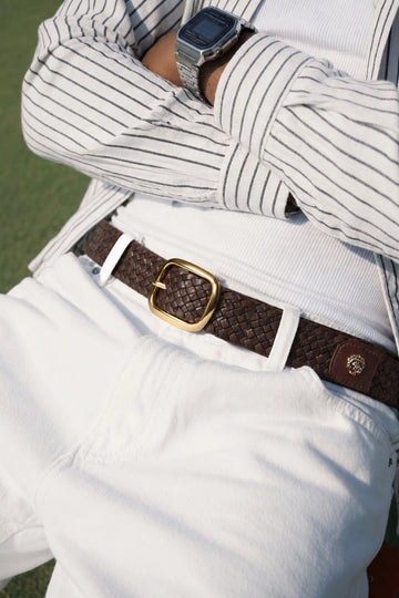 Luxury Dark Brown Braided Leather Belt with Signature Lion Detailing