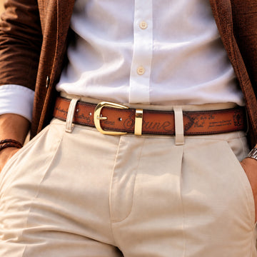 Engraved Scritto with Golden Metal Loop Tan Leather Belt