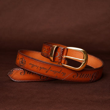 Engraved Scritto with Golden Metal Loop Tan Leather Belt