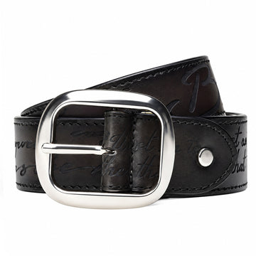 Engraved Scritto With Rounded Corners Silver Buckle Grey Leather Belt