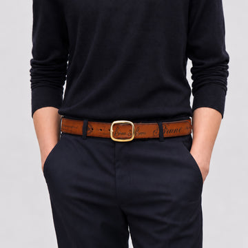 Engraved Scritto With Rounded Corners Golden Buckle Tan Leather Belt