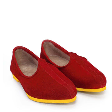 Red Suede Jalsa Punjabi Jutti With Yellow Sole
