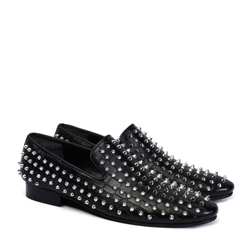 Studs Detailing Croco Textured Black Slip-On Shoe