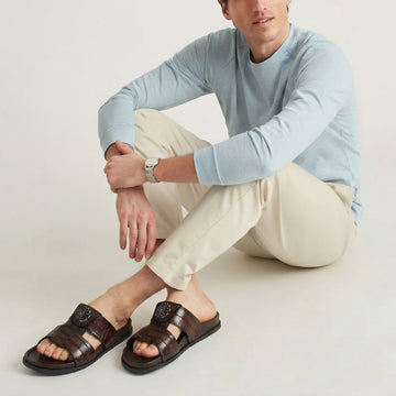 Pass Through Broader Toe Strap Leather Slippers in Dark Brown Leather