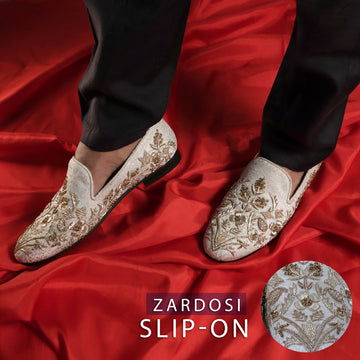 White Floral Zardosi Slip-On Shoes For Men