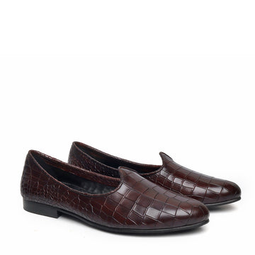 Dark Brown Deep Cut Croco Leather Jalsa