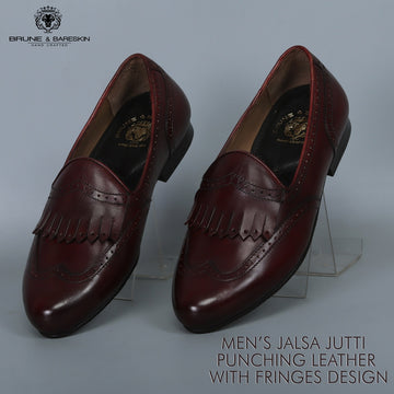 Wine Jalsa Jutti with Wingtip punching Leather fringes design