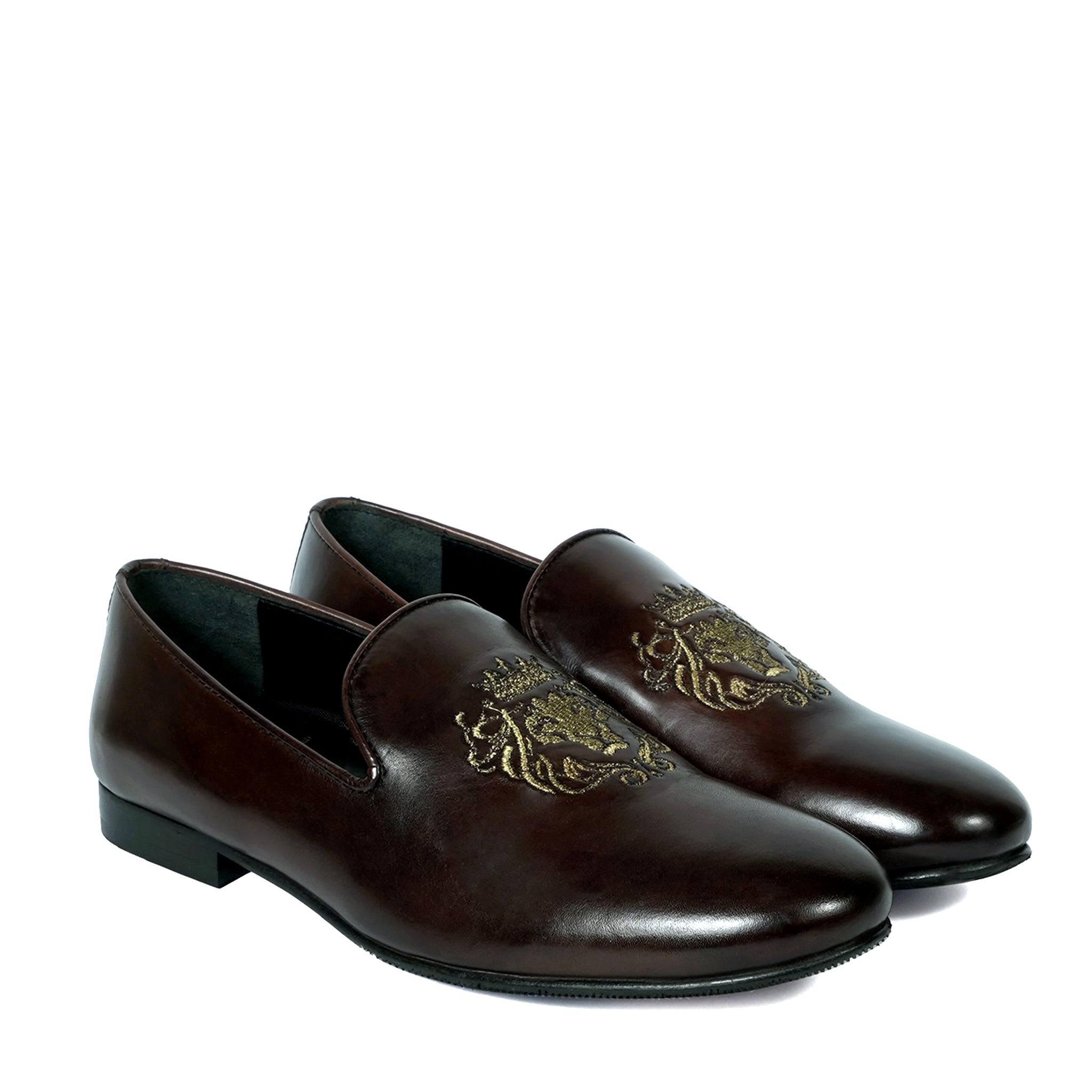 Dark Brown Leather Slip-On Shoes with Golden Lion King Embroidery By Brune & Bareskin