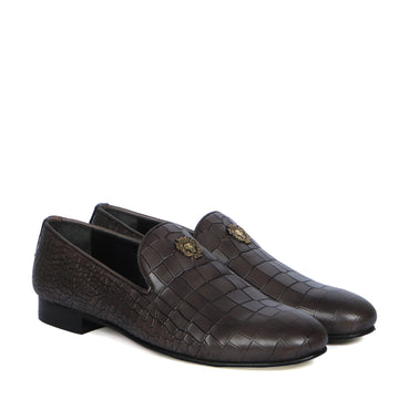 Grey Full Deep Cut Print Leather With Golden Metal Lion Logo Slip-On Shoes