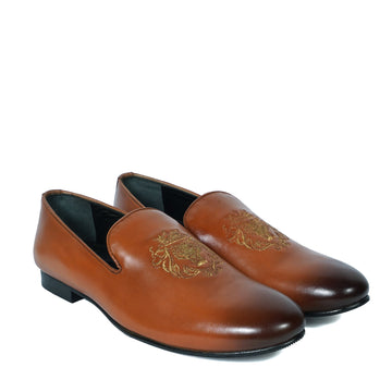 Tan Leather/Golden Lion King Embroidery Slip-On Shoes By Brune & Bareskin