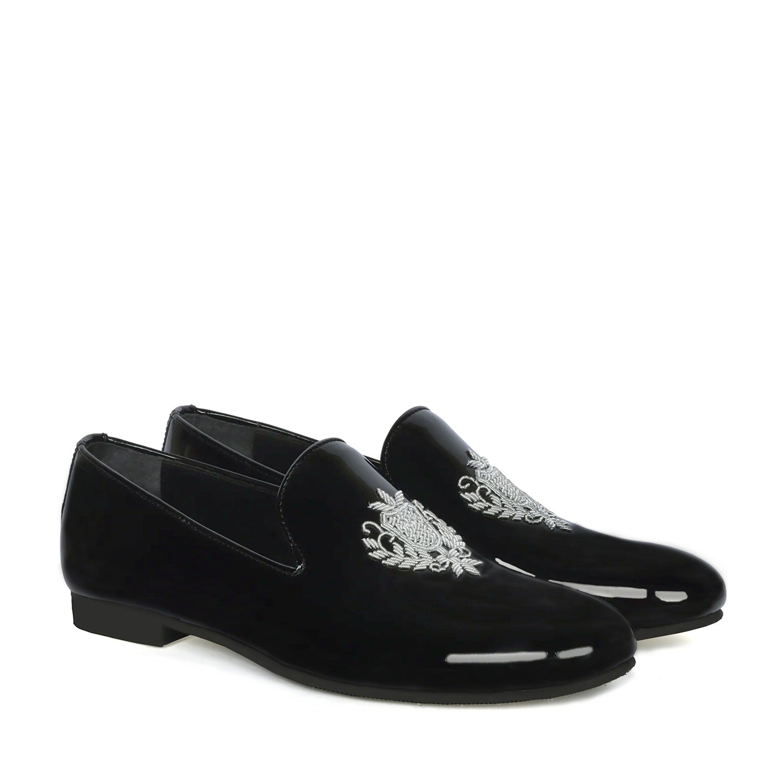 Black Patent Leather Slip-On Shoes Royal Crest Silver Zardosi For Men By Brune & Bareskin