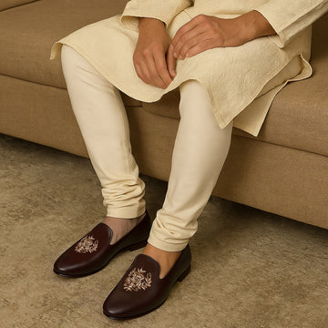 Crest Zardosi Ethnic Slip-On Shoes in Dark Brown Leather