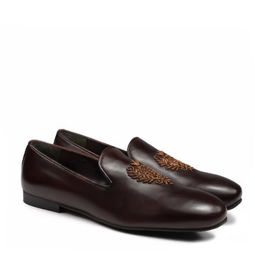 Crest Zardosi Ethnic Slip-On Shoes in Dark Brown Leather
