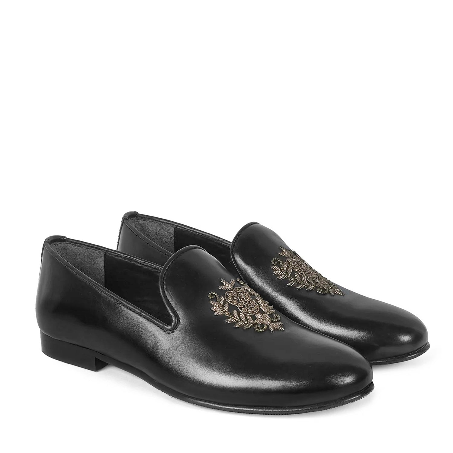Ethnic Slip-On Black Leather with Crest Zardosi
