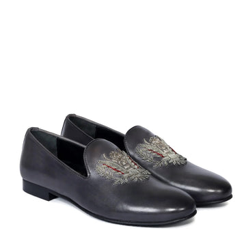 Grey Genuine Leather Slip-On Shoes with Crown Eagle Crest Zardosi For Men By Brune & Bareskin